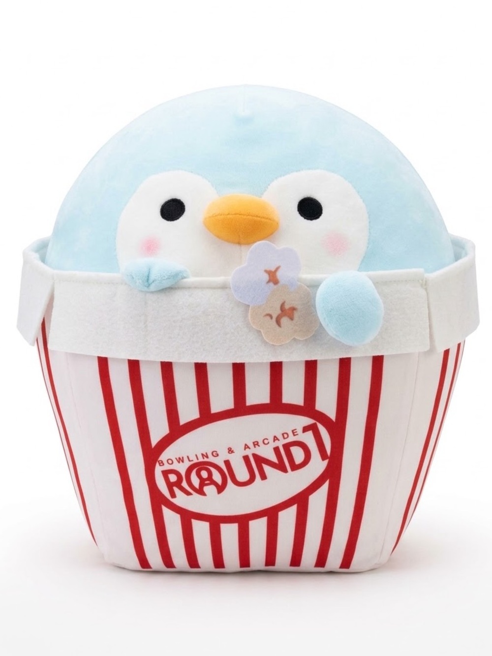 NWT Takashoji Penguin in Popcorn Bucket 14" Round1 Arcade Plush Stuffed Animal